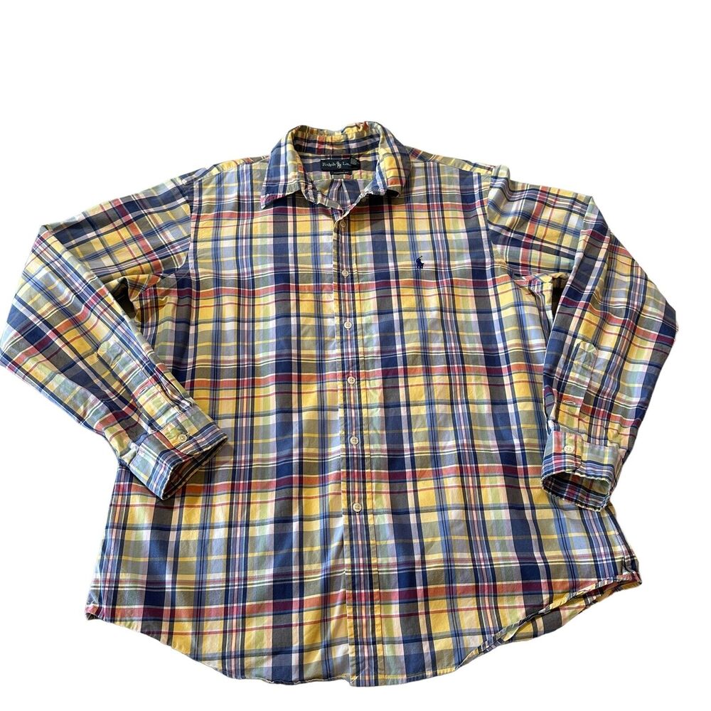 Ralph Lauren Shirt Mens XL Blue‎ Yellow Plaid Long Sleeve Button Up Custom Fit